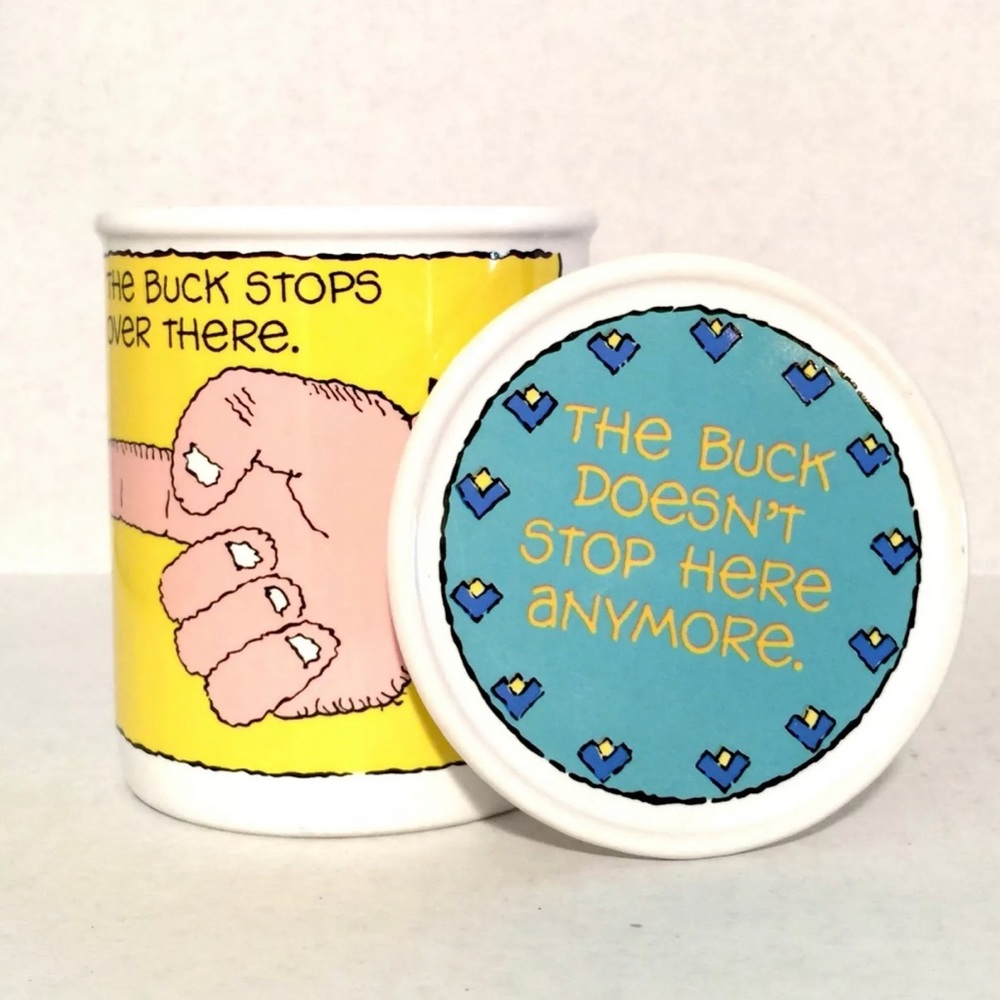 Vtg Hallmark Buck Stops Over There Mug with Lid